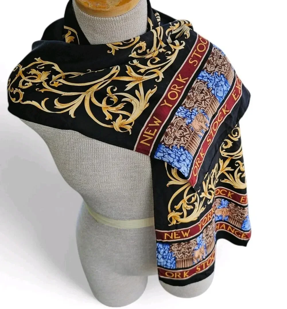Vos & Low Designs NYSE Stock Exchange 100% Silk Scarf Black Hand Rolled Edges